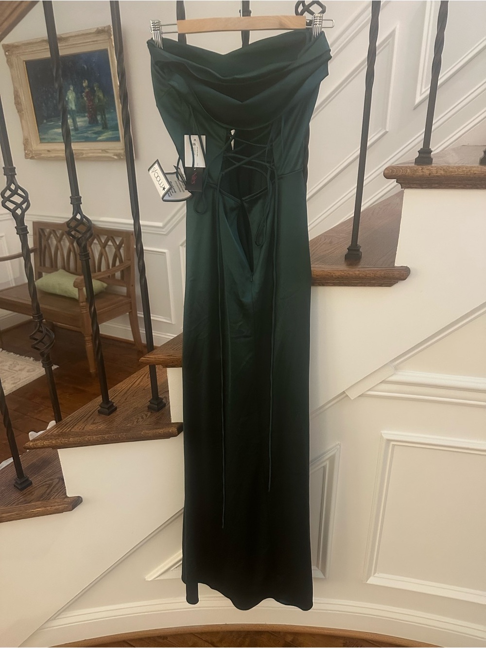 Macy's Strapless Forest Green Satin Prom Gown - Picture 7 of 8